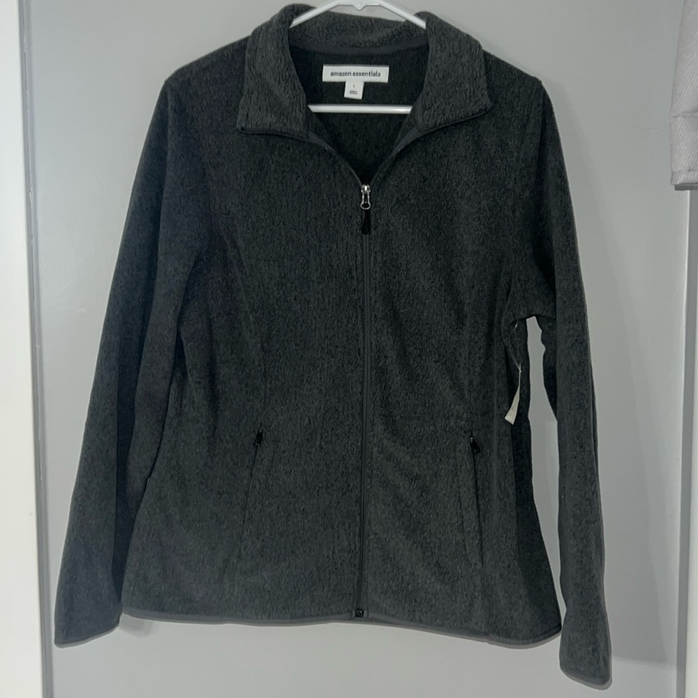 Womans size Large Amazon essentials dark grey fleece. Full zip w/ pockets. NWT.